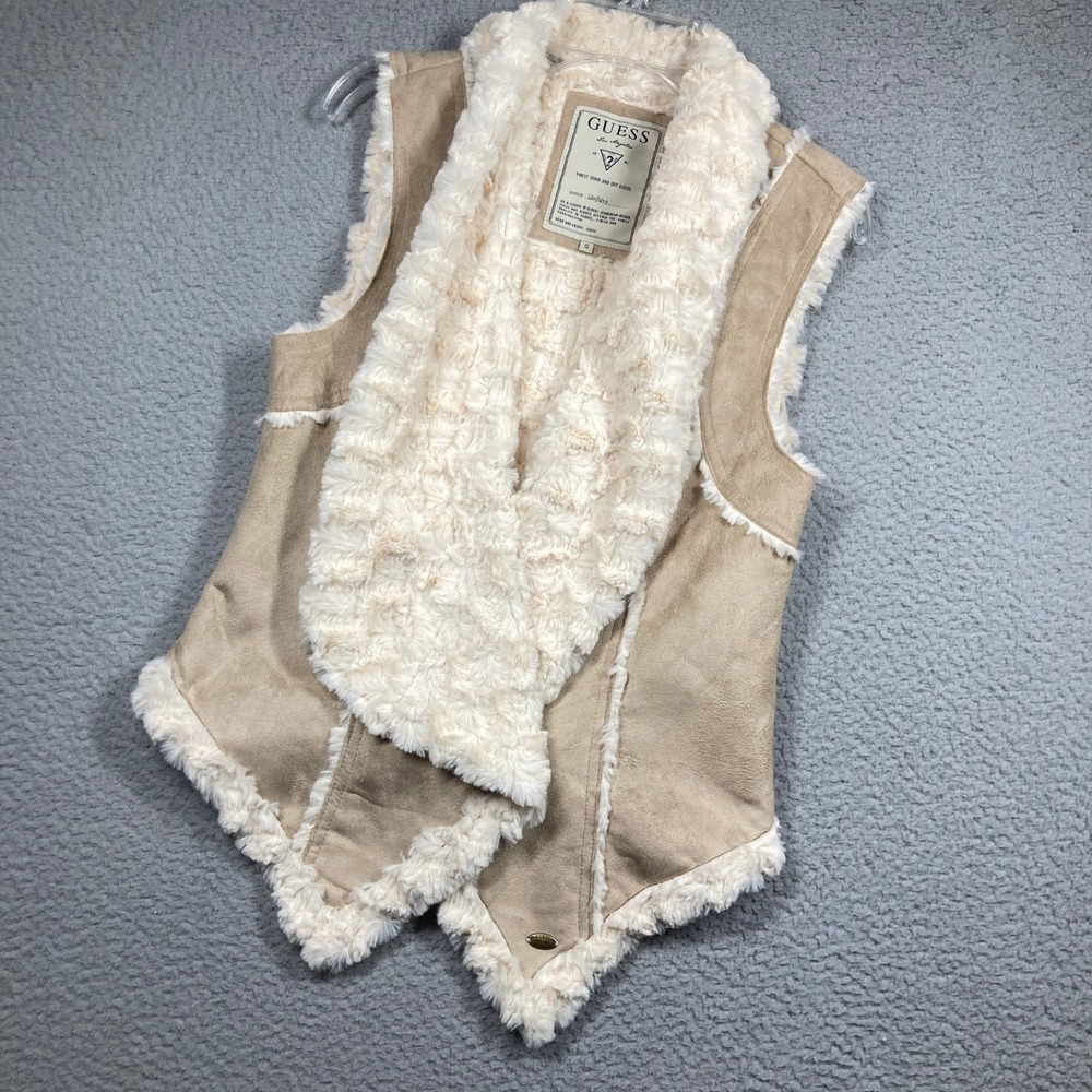 Guess Faux Suede Fur Vest Women Small Tan Cream Open Front Asymmetrical Hem